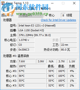 CoreTemp(CPU數(shù)字溫度傳感器) 1.15.1 綠色版